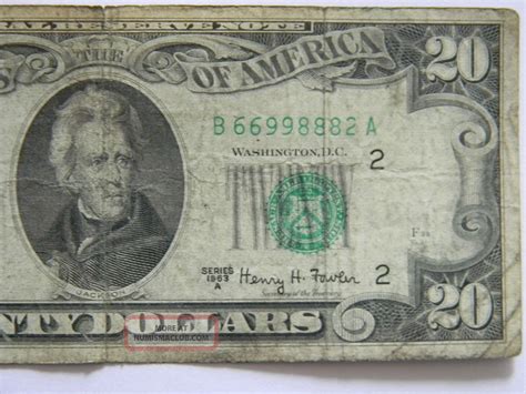 1963 dollar20 bill - Beginning with Series 1963 (and Series 1963A for the $50 and $100 bills), the clause was removed completely. If a $1, $2, $5, $10, $20 bill Series 1963 and after has the clause or if those same denominations prior to Series 1963 do not have the clause, then the bill is counterfeit. 